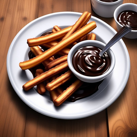 Churros with chocolate sauce on wooden background. 3d illustrationの素材