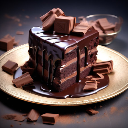 Chocolate cake with chocolate glaze on a dark background. Selective focus. Toned.の素材