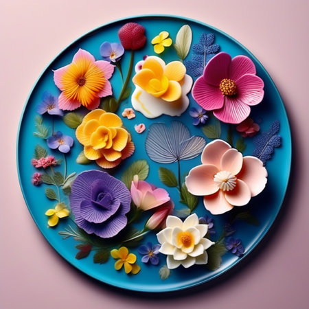 Colorful flowers on a blue plate on a pink background, top viewの素材