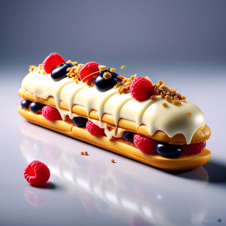 Delicious eclairs with cream and berries on a gray backgroundの素材