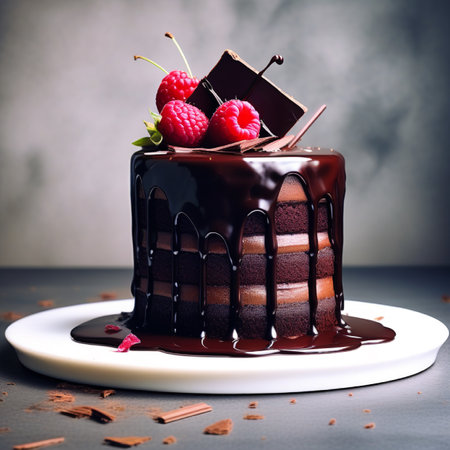 Chocolate cake with raspberries and chocolate shavings on dark backgroundの素材