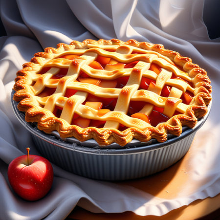Tasty homemade pie with cherry and apple on white cloth background.の素材