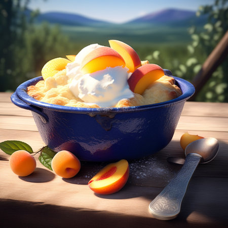 Bowl of ice cream with fresh fruits on wooden table in the gardenの素材