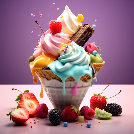 Ice cream in waffle cone with fruits and berries on purple backgroundの素材