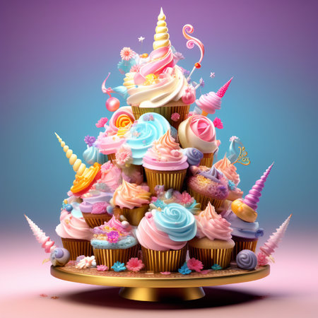 Cupcakes decorated with whipped cream and unicorn horn. 3d illustrationの素材