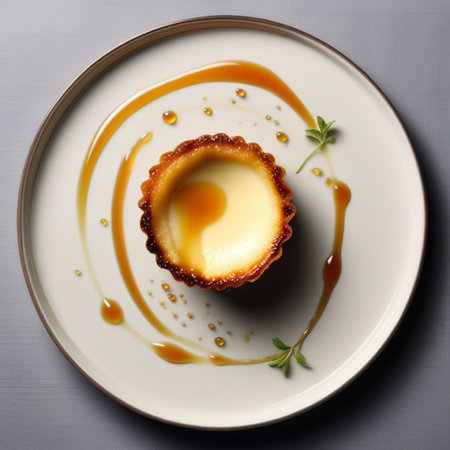 Creme brulee with caramel sauce on a plate, top viewの素材