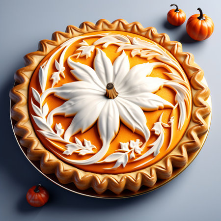 Pumpkin pie decorated with white flowers. 3D illustration.の素材