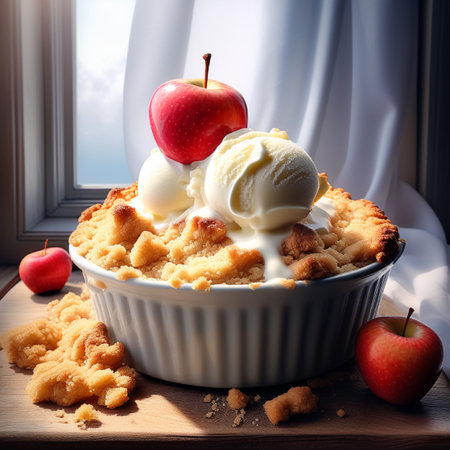 Apple crumble with ice cream in a baking dish on a window backgroundの素材
