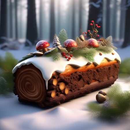 Christmas cake with chocolate and nuts on a background of winter forest.の素材