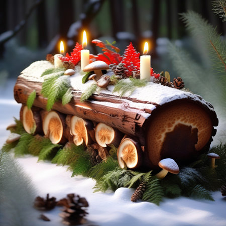 Christmas cake with candles and fir branches in the snow. Selective focus.の素材