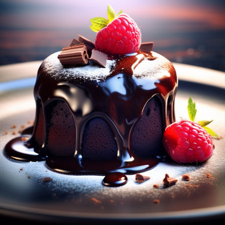 Chocolate cake with raspberries and chocolate sauce on a plateの素材
