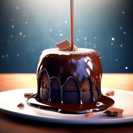 Chocolate cake with chocolate glaze on wooden table and blue backgroundの素材