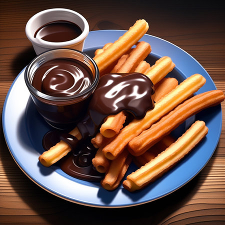 Churros with melted chocolate on a wooden background. 3d renderingの素材