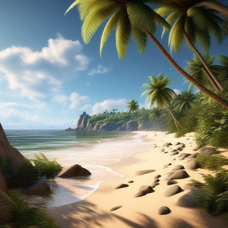 Tropical beach with palm trees and rocks, 3d renderの素材