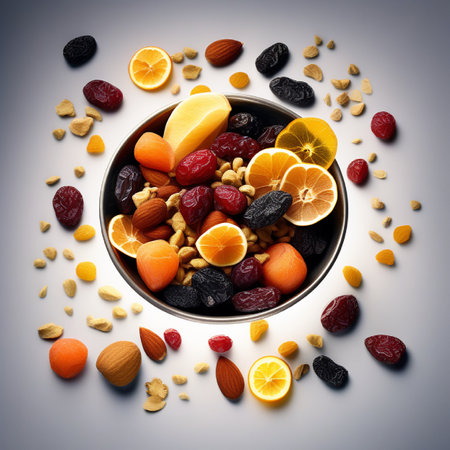 Mix of dried fruits and nuts in a bowl on a gray backgroundの素材