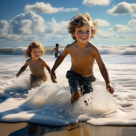 Brother And Sister Having Fun On Beach Holiday Vacation Togetherness Conceptの素材