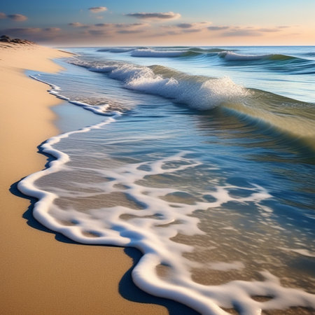 Beautiful seascape with sea wave on sandy beach at sunsetの素材