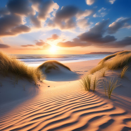 Beautiful sunset over sand dunes at Baltic sea coast, Polandの素材