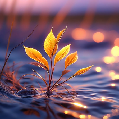 Autumn leaves in the water at sunset. Beautiful nature background.の素材