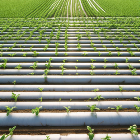 Rows of green seedlings growing in a greenhouse. Agricultural landscapeの素材