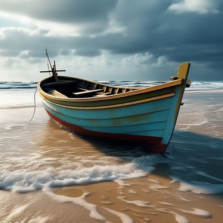 Fishing boat on the beach with stormy sky. 3d renderの素材