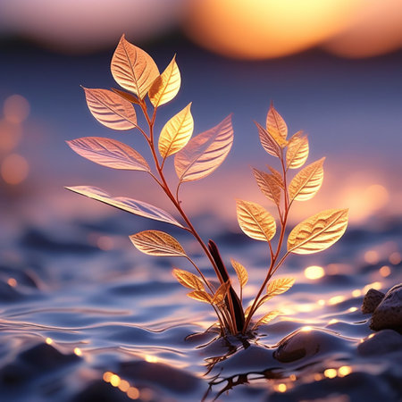 3d rendering of a small plant in the water at sunset.の素材