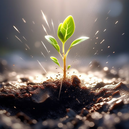 Green seedling illustrating concept of new life and new beginning. 3d renderの素材