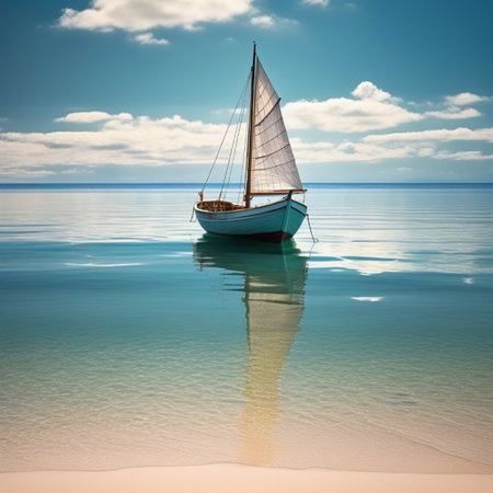 Sailing boat in the sea on a background of blue sky.の素材