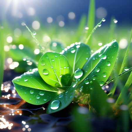Fresh green grass with dew drops close up. Nature background.の素材