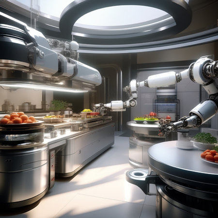 3d rendering of a robot working in a modern kitchen with a lot of vegetablesの素材
