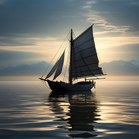 Sailing boat in the sea at sunset. 3D render.の素材