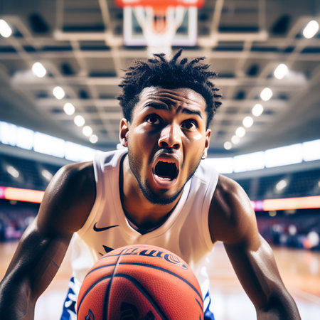 Angry african american basketball player in action on court.の素材