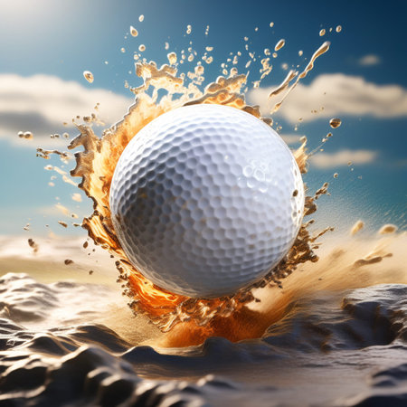 Golf ball with splashes in the sand. 3d renderingの素材