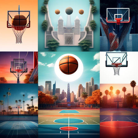 Basketball sport theme collage with basketball ball, hoop, hoop and cityscapeの素材