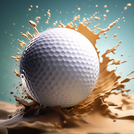 Golf ball splashing into the sand. 3D illustration.の素材