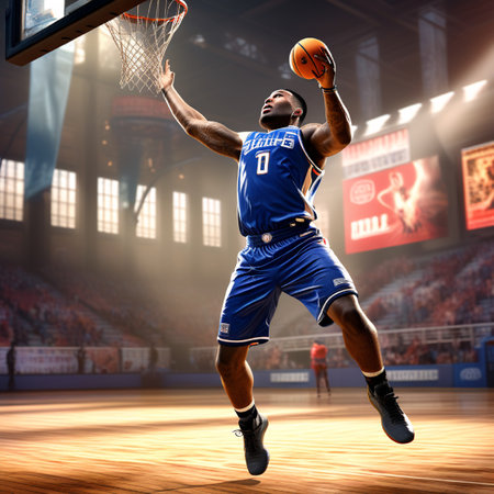 basketball player in action on the basketball court under lights and flashes 3d illustrationの素材