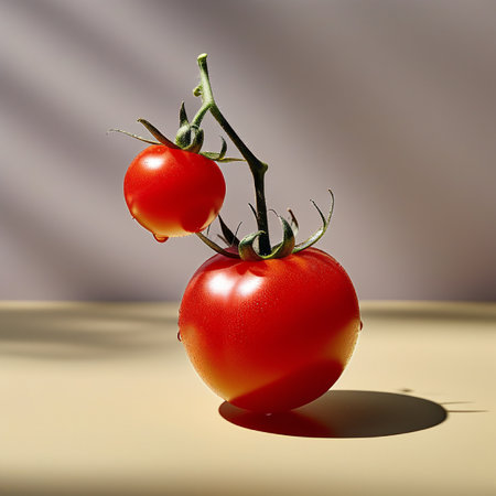 tomatoes on a branch with drops of water on a light backgroundの素材