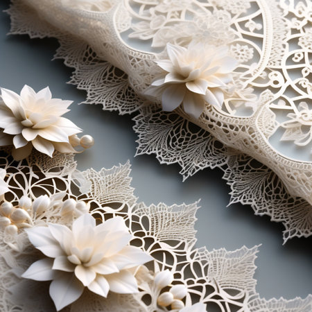 White lace with flowers on a gray background. Close-up.の素材