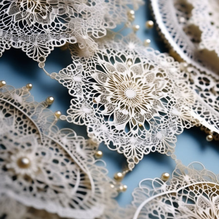 Beautiful lace with pearls on a blue background. Close-up.の素材