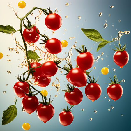 Fresh cherry tomatoes with green leaves and water splashes on blue backgroundの素材