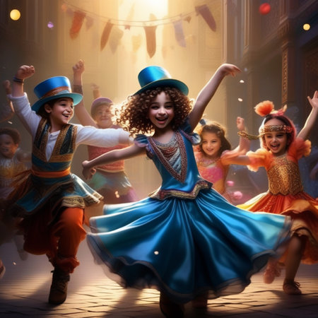Group of children dancing in traditional costumes at night party in the old cityの素材