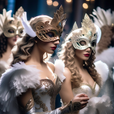 Beautiful young women in carnival masks with feathers on dark backgroundの素材