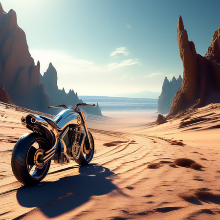 Motorcycle in the desert. 3D illustration. Computer generated image.の素材