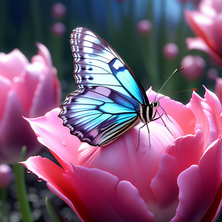 Beautiful butterfly on tulip flower close-up. Nature backgroundの素材