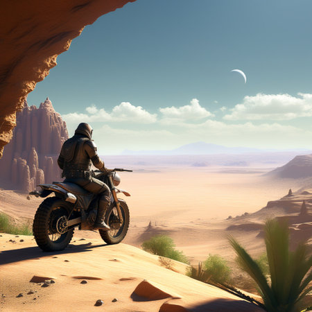 Biker on a motorcycle in the desert. 3D rendering.の素材