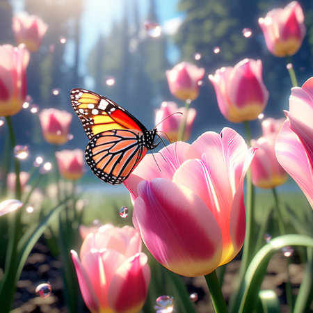 Beautiful tulip flowers and butterfly in the garden, nature backgroundの素材