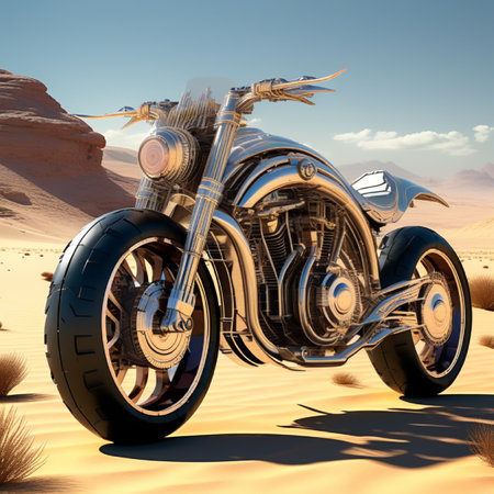 3D rendering of a chopper motorcycle in the middle of the desertの素材