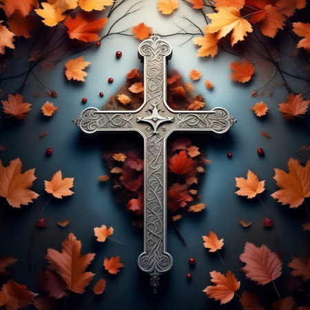 Cross with autumn leaves on dark blue background. Halloween holiday concept.の素材