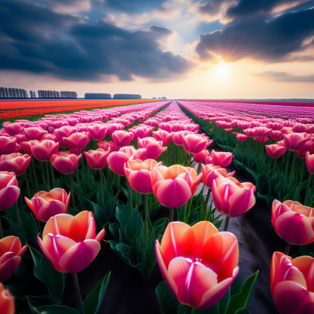 Tulip field in the Netherlands at sunset. Spring landscape.の素材