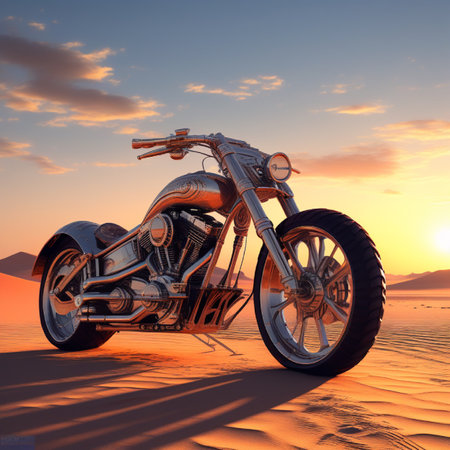 Motorcycle in the desert at sunset. 3D render of motorcycleの素材